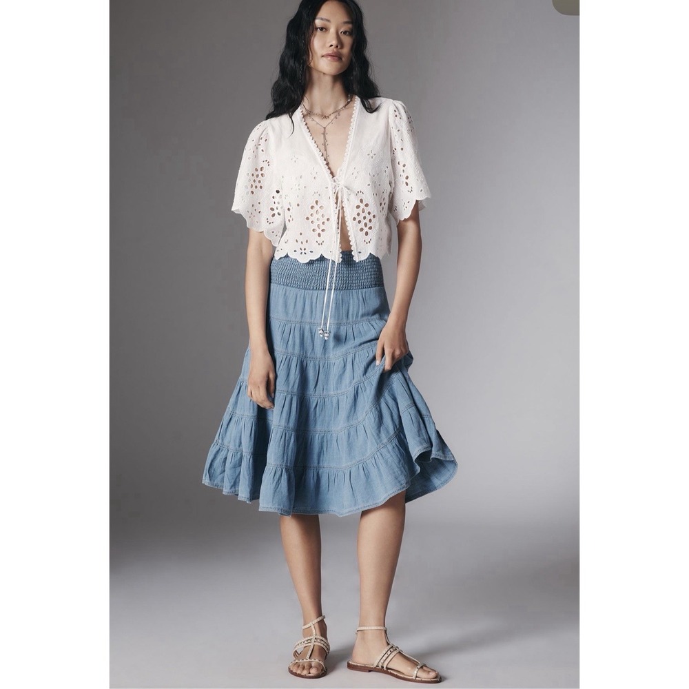 PILCRO XL Reese 100% Cotton Smocked Midi Skirt Light Denim $148 Anthropologie - Picture 2 of 14